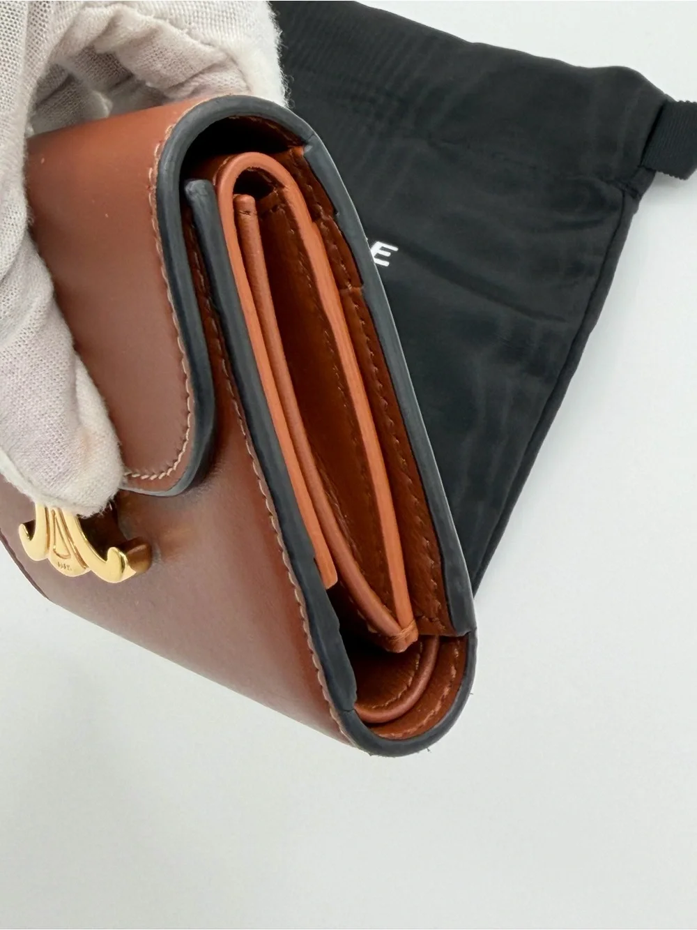 Celine Brown Leather Triomphe Compact Wallet with Gold Hardware